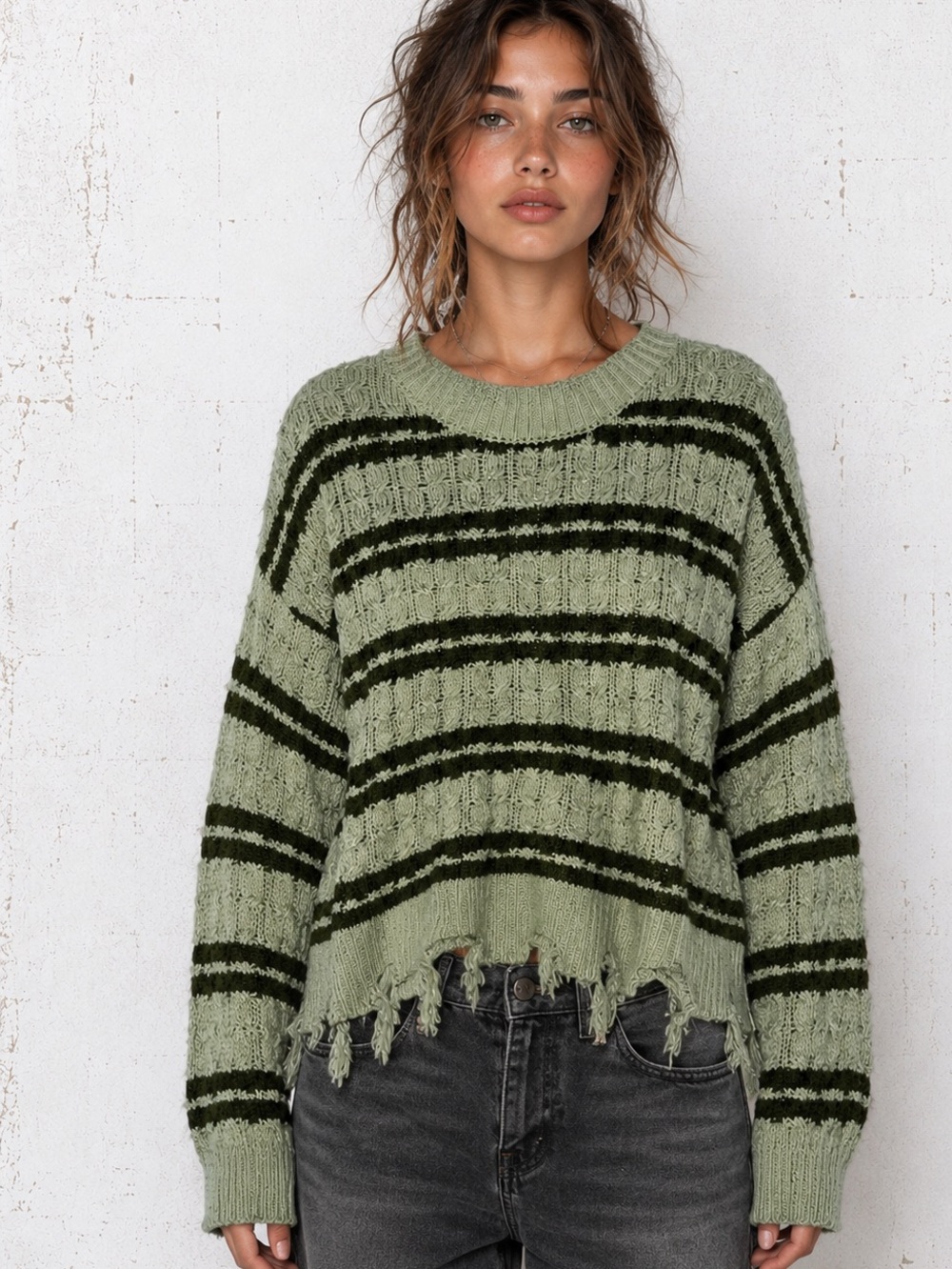 Hooked Up Distressed Cropped Sweater - Striped